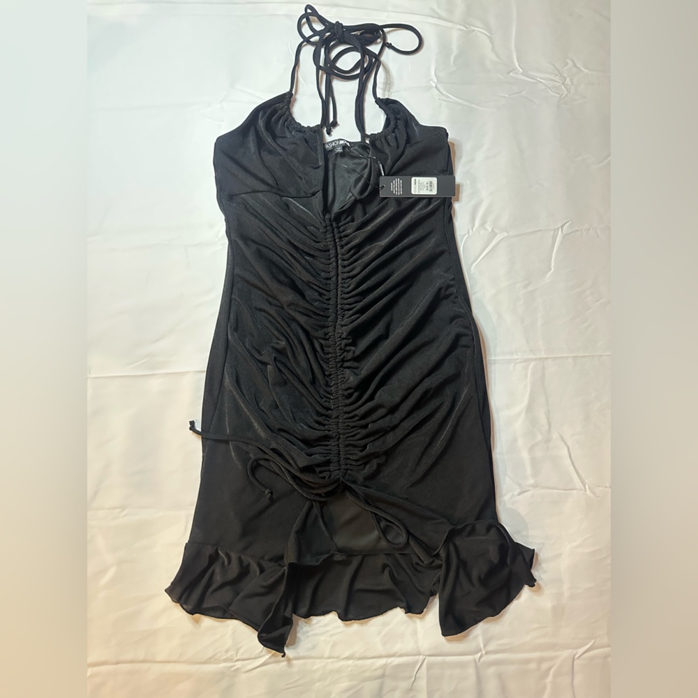 Fashion Nova Black Ruched Halter Mini Dress
